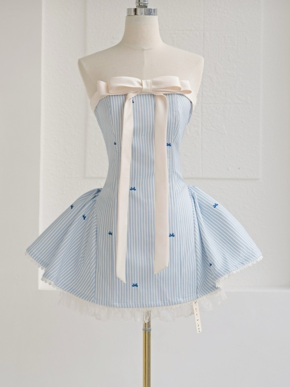 Blue Pinstripe Strapless Mini Dress with blue Bow